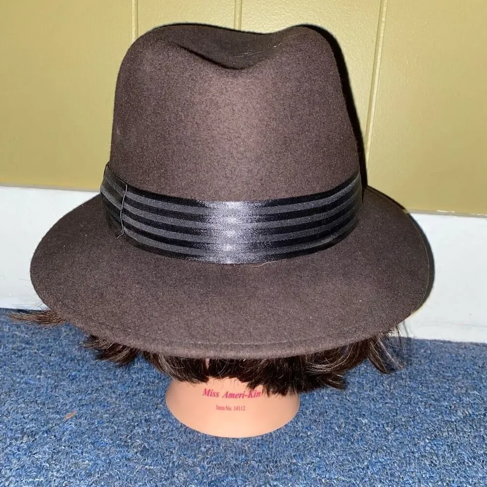 Dobb Main Street men M 100% wool Felt Fedora w/satin accent ribbon brown